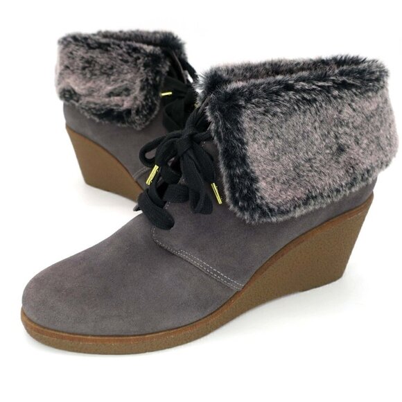Cole Haan Coralie Wedge Waterproof Suede Gray Faux Fur Boot W11714 Women's 8.5B - Picture 2 of 5